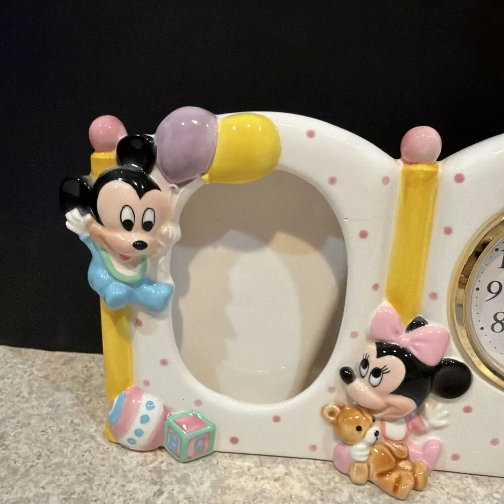 Seiko Baby Mickey Minnie Ceramic Clock & Photo Frame Disney Vintage Works 90s